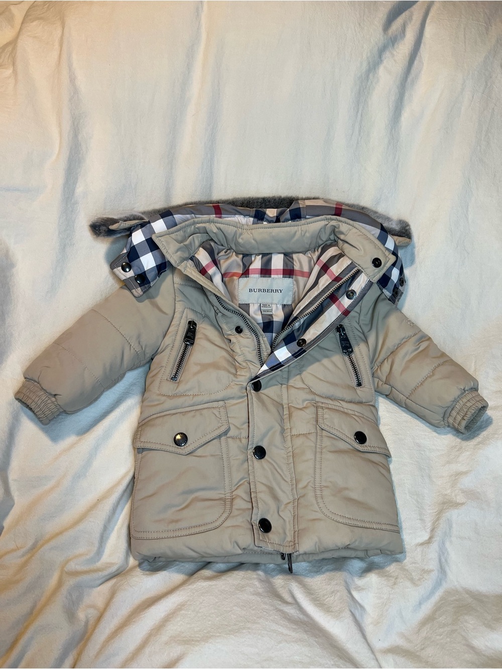Burberry Beige Puffer Jacket with Check-Lined Hood